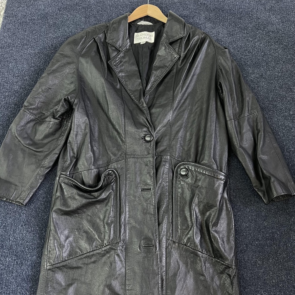 Brandon Thomas Coat Womens Small Black Leather Button Front Mid Length Overcoat